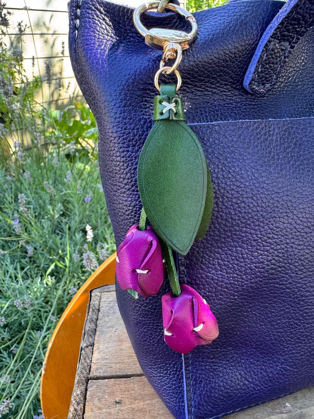Genuine Leather Purple Tulip Bag Charm Tulip Spring Purple Flower Leather Charm